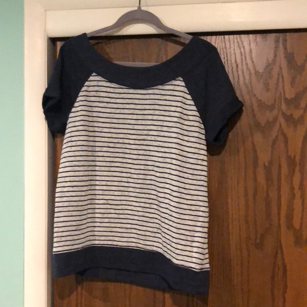 Blue and gray striped sweater.